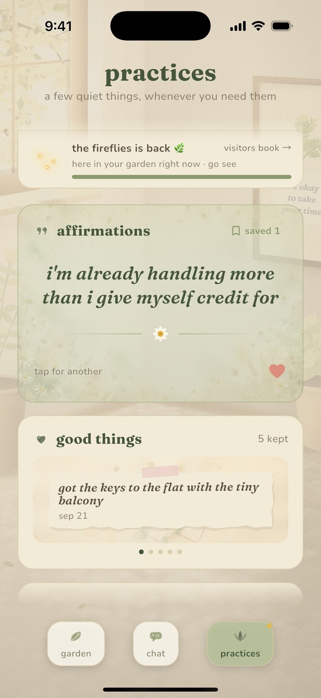 Daisy's practices screen with the affirmation ‘I'm already handling more than I give myself credit for’ and a saved good moment