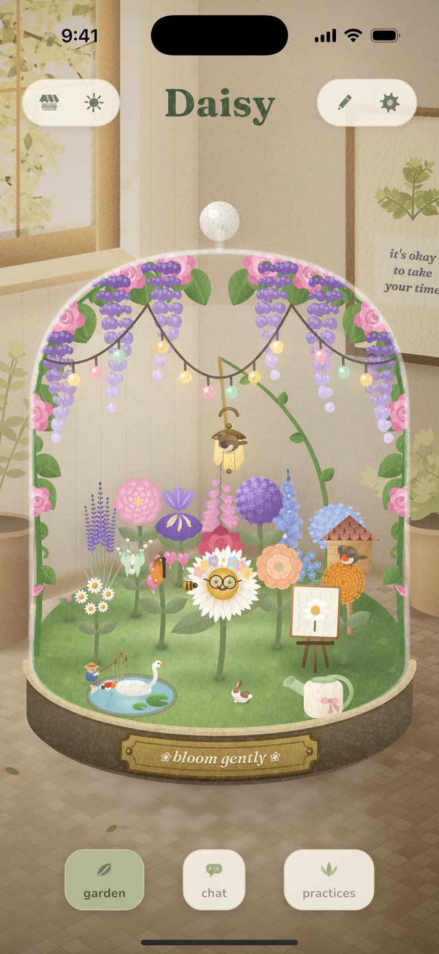 Daisy's in-app garden, with flowers, a pond, and string lights beneath a glass cloche